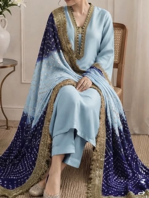 Sky Blue Kurta Set with Bandhani Dupatta