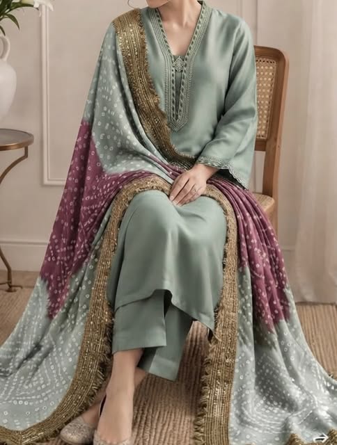 Sage Kurta Set with Bandhani Dupatta