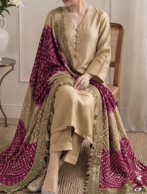 Beige Gold Kurta Set with Bandhani Dupatta